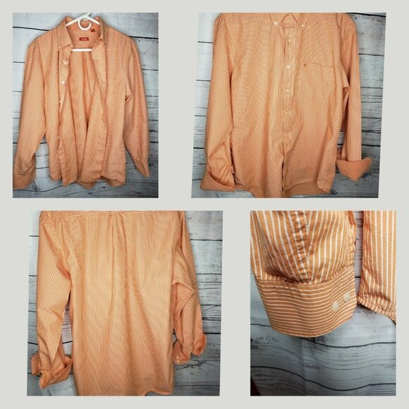IZOD Men Long Sleeve Button Up Medium Tangerine/White Dream Pinstripe Shirt - Picture 1 of 12